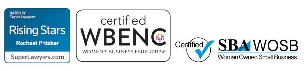 3 Accolades: Rated by Super Lawyers, Rising Stars, Rachael Prtizker badge; certified WBENC Women's Business Enterprise badge; certified SBA WOSB Woman Owned Small Business badge